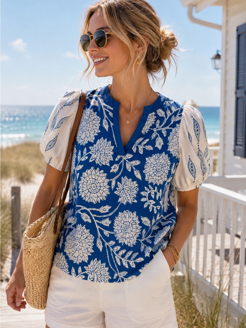 Blue White Floral Puff Sleeve Split Neck Blouse Top Small Coastal Cottagecore